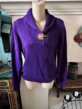 VINTAGE Y2K  RALPH LAUREN PURPLE COTTON SHAWL COLLAR LEATHER TAB TOGGLE SWEATER
